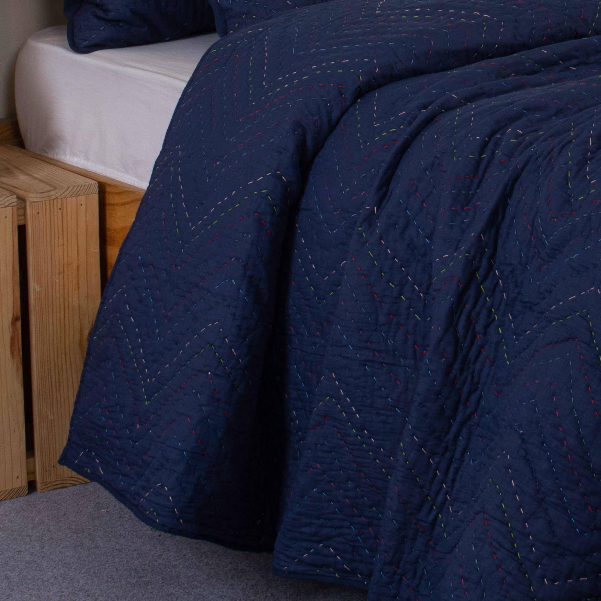 Blue Handmade Solid Kantha Quilt For Winter
